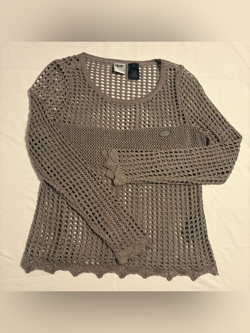 Harley Davidson Women’s Open Knit Crochet Sweater size XL Woodsmoke Biker Y2K